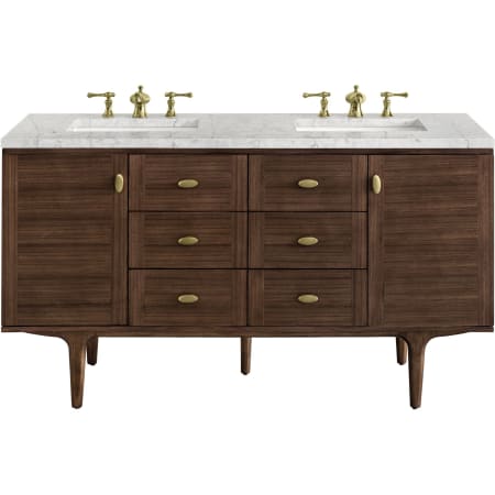 James Martin Vanities Amberly 60" Free Standing or Wall Mounted Double Basin Rubberwood Vanity Set with 3cm Pearl Jasmine Quartz Vanity Top and Rectangular Sinks Mid-Century Walnut