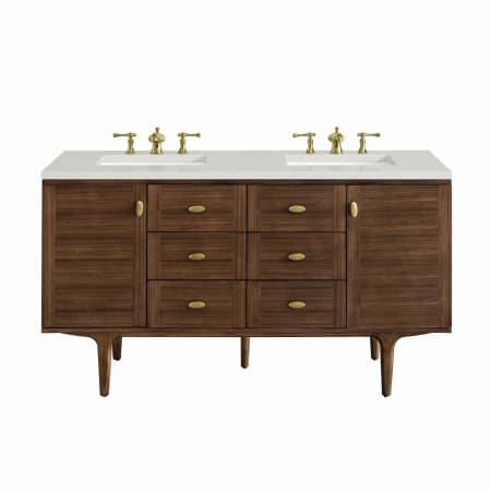 James Martin Vanities Amberly 60" Double Basin Wood Vanity Set with 3cm Lime Delight Silestone Quartz Vanity Top, Rectangular Sinks, USB Port and Electrical Outlet Mid-Century Walnut