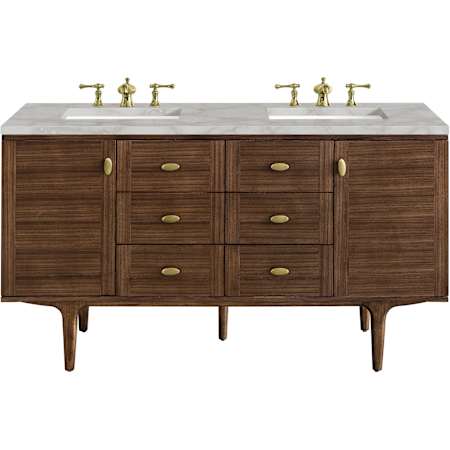 James Martin Vanities Amberly 60" Wall Mounted or Free Standing Double Basin Vanity Set with Victorian Silver Stone Composite Top, Rectangular Sinks, and FreePower Mid-Century Walnut