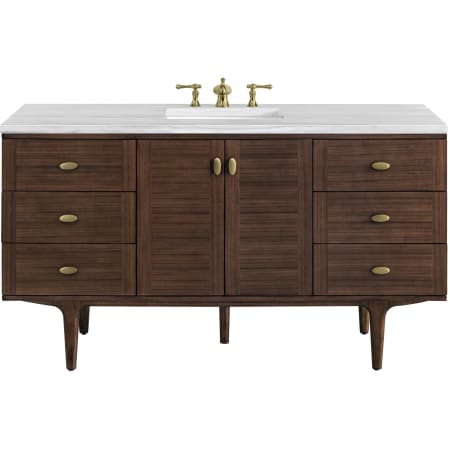James Martin Vanities Amberly 60" Free Standing or Wall Mounted Single Basin Vanity Set with 3cm Arctic Fall Solid Surface Vanity Top and Rectangular Sink Mid-Century Walnut