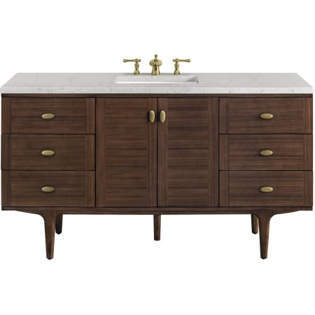 James Martin Vanities Amberly 60" Free Standing or Wall Mounted Single Basin Rubberwood Vanity Set with 3cm Pearl Jasmine Quartz Vanity Top and Rectangular Sink Mid-Century Walnut