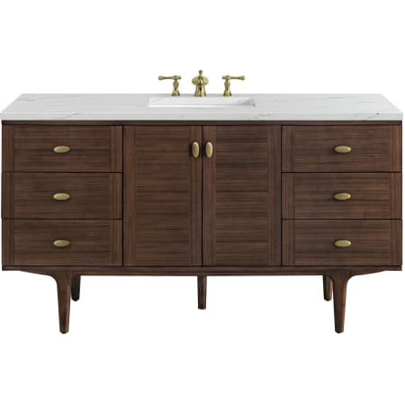 James Martin Vanities Amberly 60" Free Standing or Wall Mounted Single Basin Vanity Set with 3cm Ethereal Noctis Quartz Vanity Top and Rectangular Sink Mid-Century Walnut