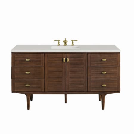 James Martin Vanities Amberly 60" Single Basin Wood Vanity Set with 3cm Lime Delight Silestone Quartz Vanity Top, Rectangular Sink, USB Port and Electrical Outlet Mid-Century Walnut