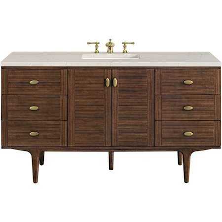James Martin Vanities Amberly 60" Wall Mounted or Free Standing Single Basin Rubberwood Vanity Set with Stone Composite Top, Rectangular Sink, USB Port(s), and Electrical Outlet(s) Mid-Century Walnut