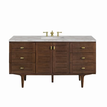 James Martin Vanities Amberly 60" Single Basin Wood Vanity Set with 3cm Victorian Silver Silestone Quartz Vanity Top, Rectangular Sink, USB Port and Electrical Outlet Mid-Century Walnut