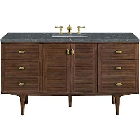 James Martin Vanities Amberly 60" Wall Mounted or Free Standing Single Basin Vanity Set with Parisien Bleu Stone Composite Top, Rectangular SinkFreePower Wireless Charger Mid-Century Walnut