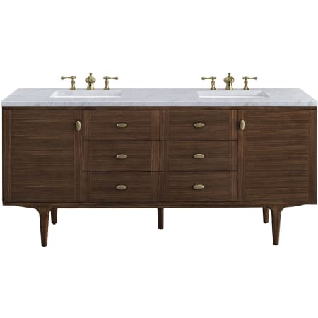 James Martin Vanities Amberly 72" Free Standing or Wall Mounted Double Basin Vanity Set with 3cm Carrara White Natural Stone Vanity Top and Rectangular Sinks Mid-Century Walnut