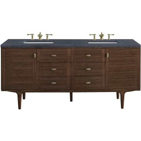 James Martin Vanities Amberly 72" Free Standing or Wall Mounted Double Basin Vanity Set with 3cm Charcoal Soapstone Quartz Vanity Top and Rectangular Sinks Mid-Century Walnut