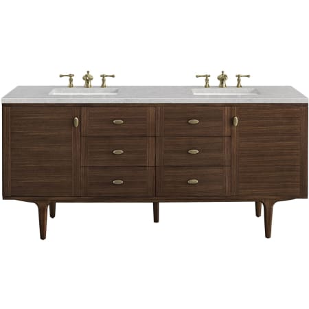 James Martin Vanities Amberly 72" Free Standing or Wall Mounted Double Basin Vanity Set with 3cm Pearl Jasmine Quartz Vanity Top and Rectangular Sinks Mid-Century Walnut