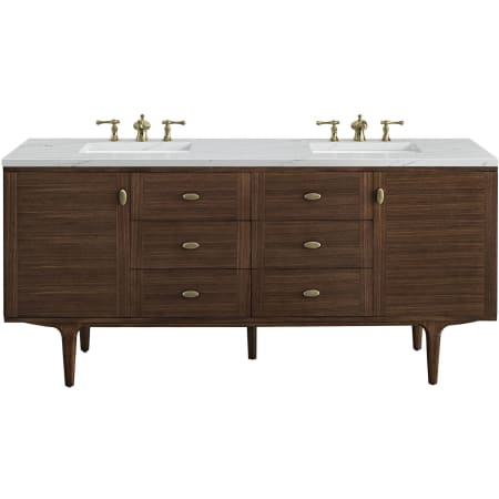 James Martin Vanities Amberly 72" Free Standing or Wall Mounted Double Basin Vanity Set with 3cm Ethereal Noctis Quartz Vanity Top and Rectangular Sinks Mid-Century Walnut
