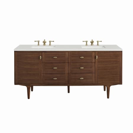 James Martin Vanities Amberly 72" Double Basin Wood Vanity Set with 3cm Lime Delight Silestone Quartz Vanity Top, Rectangular Sinks, USB Port and Electrical Outlet Mid-Century Walnut