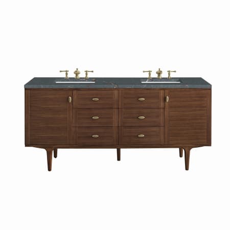 James Martin Vanities Amberly 72" Double Basin Wood Vanity Set with 3cm Parisien Bleu Silestone Quartz Vanity Top, Rectangular Sinks, USB Port and Electrical Outlet Mid-Century Walnut