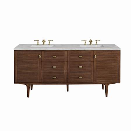 James Martin Vanities Amberly 72" Double Basin Wood Vanity Set with 3cm Victorian Silver Silestone Quartz Vanity Top, Rectangular Sinks, USB Port and Electrical Outlet Mid-Century Walnut