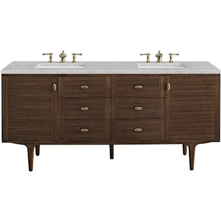 James Martin Vanities Amberly 72" Wall Mounted or Free Standing Double Basin Vanity Set with Eternal Jasmine Pearl Stone Composite Top, Rectangular Sinks, and FreePower Mid-Century Walnut
