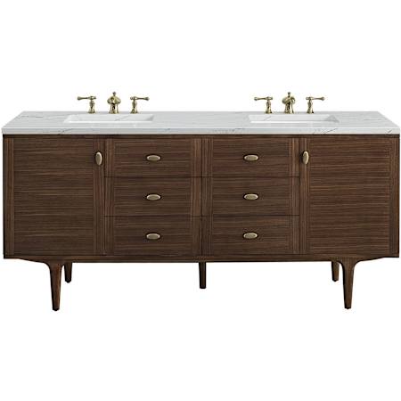 James Martin Vanities Amberly 72" Wall Mounted or Free Standing Double Basin Vanity Set with Ethereal Noctis Stone Composite Top, Rectangular Sinks, and FreePower Mid-Century Walnut