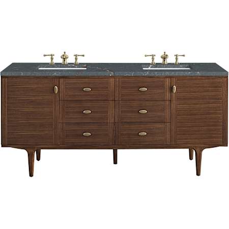 James Martin Vanities Amberly 72" Wall Mounted or Free Standing Double Basin Vanity Set with Parisien Bleu Stone Composite Top, Rectangular Sinks, and FreePower Mid-Century Walnut