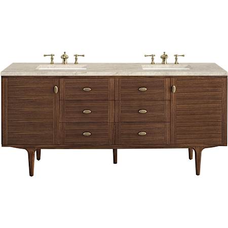 James Martin Vanities Amberly 72" Wall Mounted or Free Standing Double Basin Rubberwood Vanity Set with Solid Surface Top, Rectangular Sinks, USB Port(s), and Electrical Outlet(s) Mid-Century Walnut