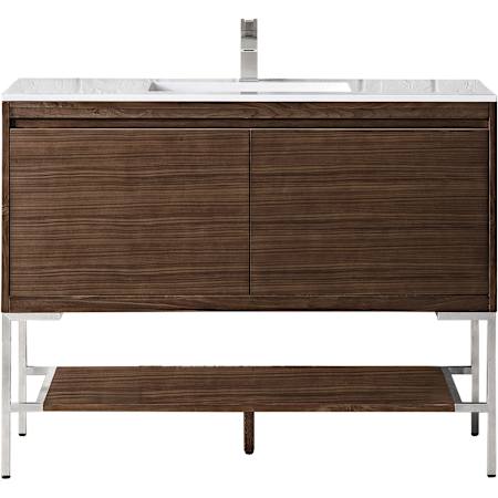 James Martin Vanities Milan 48" Wall Mounted or Free Standing Single Basin Hardwood Vanity Set with 5/8" Glossy White Stone Composite Top Mid Century Walnut