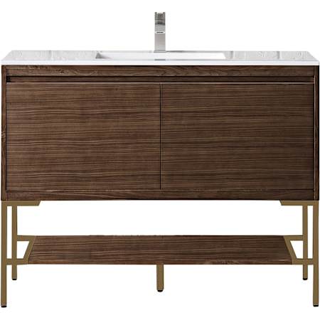 James Martin Vanities Milan 48" Free Standing Single Basin Poplar Vanity Set with 3 cm Glossy White Solid Surface Vanity Top and Rectangular Sink Mid Century Walnut