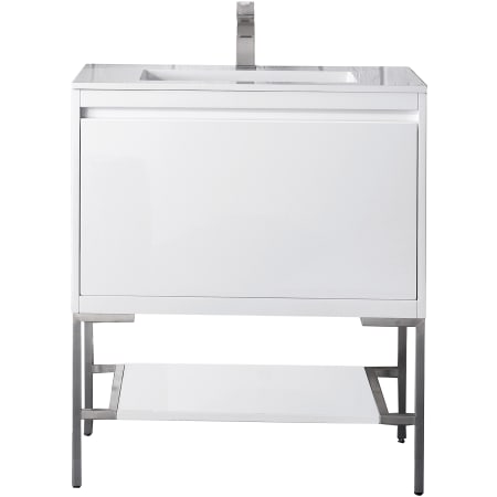 James Martin Vanities Mantova 32" Single Basin Poplar Wood Vanity Set with Glossy White Composite Stone Vanity Top, Brushed Nickel Base and Rectangular Sink Glossy White