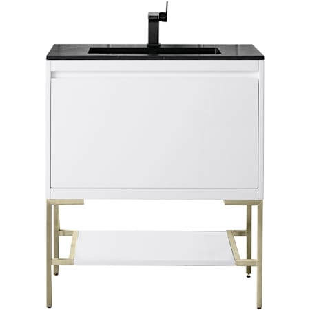 James Martin Vanities Mantova 32" Single Basin Poplar Wood Vanity Set with Charcoal Black Composite Stone Vanity Top, Champagne Brass Base and Rectangular Sink Glossy White