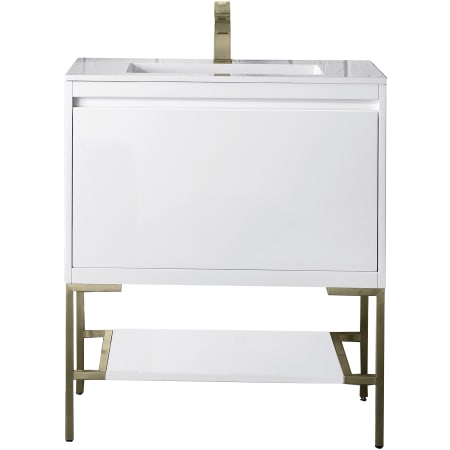 James Martin Vanities Mantova 32" Single Basin Poplar Wood Vanity Set with Glossy White Composite Stone Vanity Top, Champagne Brass Base and Rectangular Sink Glossy White