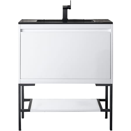 James Martin Vanities Mantova 32" Single Basin Poplar Wood Vanity Set with Charcoal Black Composite Stone Vanity Top, Matte Black Base and Rectangular Sink Glossy White