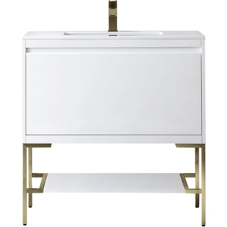 James Martin Vanities Mantova 36" Single Basin Poplar Wood Vanity Set with Glossy White Composite Stone Vanity Top, Champagne Brass Base and Rectangular Sink Glossy White