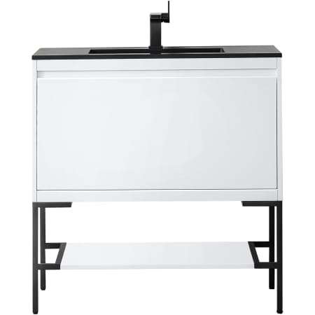 James Martin Vanities Mantova 36" Single Basin Poplar Wood Vanity Set with Charcoal Black Composite Stone Vanity Top, Matte Black Base and Rectangular Sink Glossy White