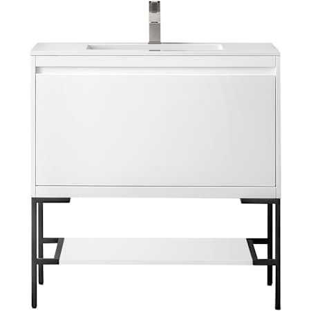 James Martin Vanities Mantova 36" Single Basin Poplar Wood Vanity Set with Glossy White Composite Stone Vanity Top, Matte Black Base and Rectangular Sink Glossy White