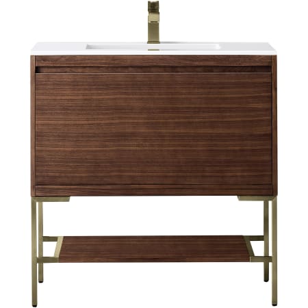 James Martin Vanities Mantova 36" Single Basin Poplar Wood Vanity Set with Glossy White Composite Stone Vanity Top, Champagne Brass Base and Rectangular Sink Mid-Century Walnut