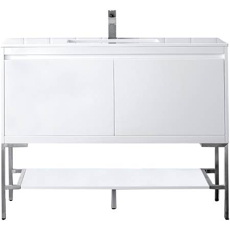 James Martin Vanities Mantova 48" Single Basin Poplar Wood Vanity Set with Glossy White Composite Stone Vanity Top, Brushed Nickel Base and Rectangular Sink Glossy White