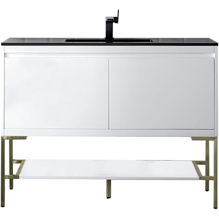 James Martin Vanities Mantova 48" Single Basin Poplar Wood Vanity Set with Charcoal Black Composite Stone Vanity Top, Champagne Brass Base and Rectangular Sink Glossy White