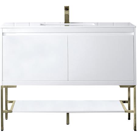 James Martin Vanities Mantova 48" Single Basin Poplar Wood Vanity Set with Glossy White Composite Stone Vanity Top, Champagne Brass Base and Rectangular Sink Glossy White