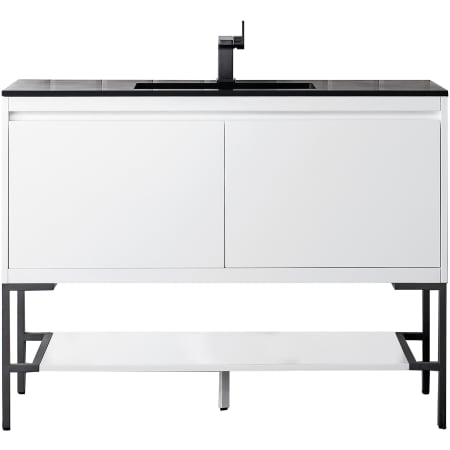 James Martin Vanities Mantova 48" Single Basin Poplar Wood Vanity Set with Charcoal Black Composite Stone Vanity Top, Matte Black Base and Rectangular Sink Glossy White