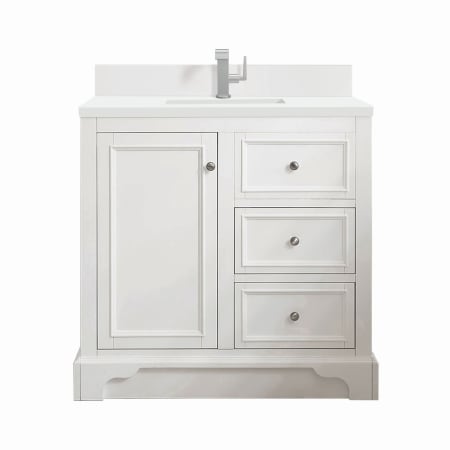 James Martin Vanities De Soto 36" Single Basin Poplar Wood Vanity Set with 3cm White Zeus Silestone Quartz Vanity Top, Backsplash, Rectangular Sink, USB Port and Outlet Bright White