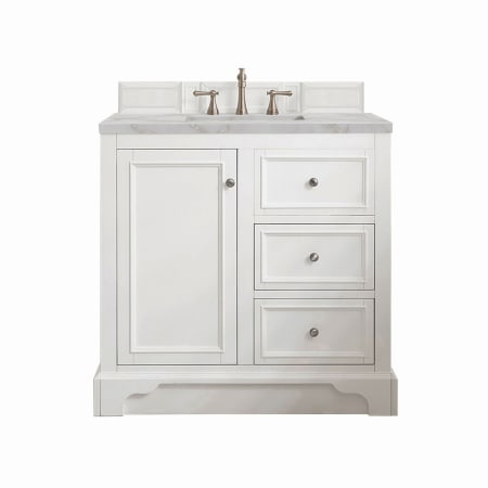 James Martin Vanities De Soto 36" Single Basin Poplar Wood Vanity Set with 3cm Victorian Silver Silestone Quartz Vanity Top, Rectangular Sink, USB Port and Outlet Bright White