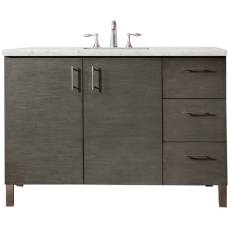 James Martin Vanities Metropolitan 48" Free Standing or Wall Mounted / Floating Single Basin Vanity Set with Wood Cabinet and Eternal Jasmine Pearl Quartz Vanity Top Silver Oak