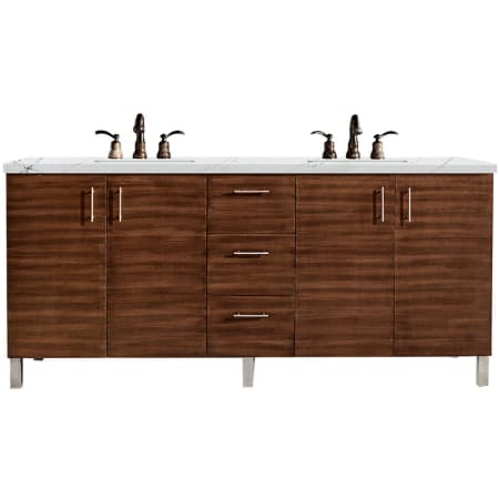 James Martin Vanities Metropolitan 72" Wall Mounted or Free Standing Double Basin Poplar Vanity Set with 3 cm Ethereal Noctis Quartz Vanity Top and Rectangular Sinks American Walnut