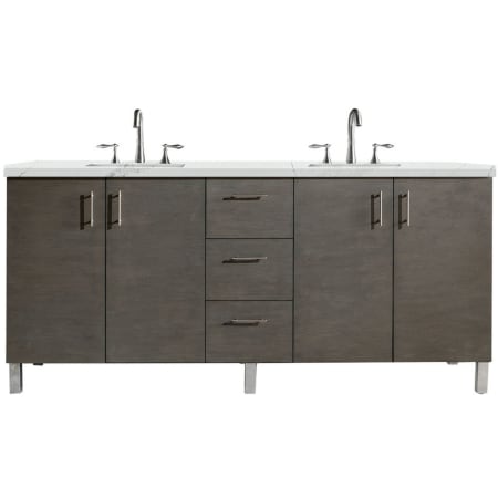 James Martin Vanities Metropolitan 72" Wall Mounted or Free Standing Double Basin Poplar Vanity Set with 3 cm Ethereal Noctis Quartz Vanity Top and Rectangular Sinks Silver Oak