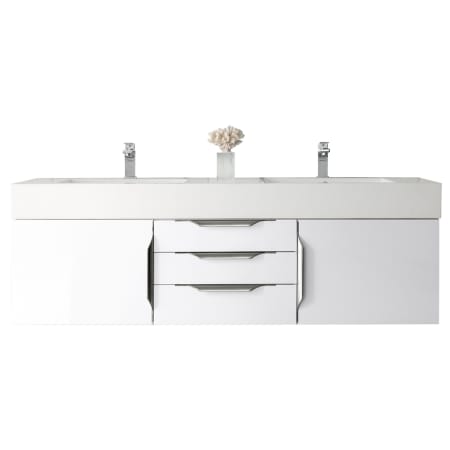 James Martin Vanities Columbia 60" Wall Mounted Double Basin Vanity Set with Cabinet and Stone Composite Vanity Top Glossy White