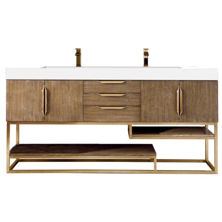 James Martin Vanities Columbia 72" Free Standing Double Vanity Set with Single Trough Style Basin, Cabinet, and Stone Composite Vanity Top Latte Oak