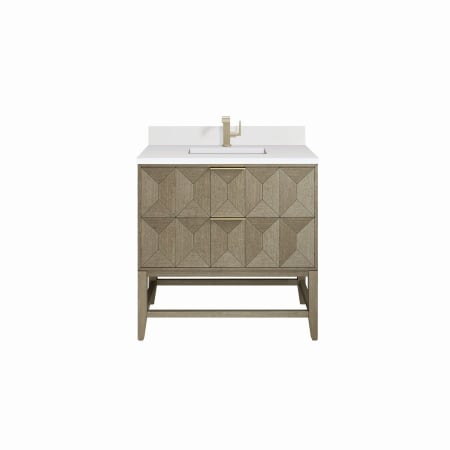 James Martin Vanities Emmeline 36" Single Basin Ash Wood Vanity Set with 3cm White Zeus Silestone Quartz Vanity Top, Backsplash and Rectangular Sink Pebble Oak