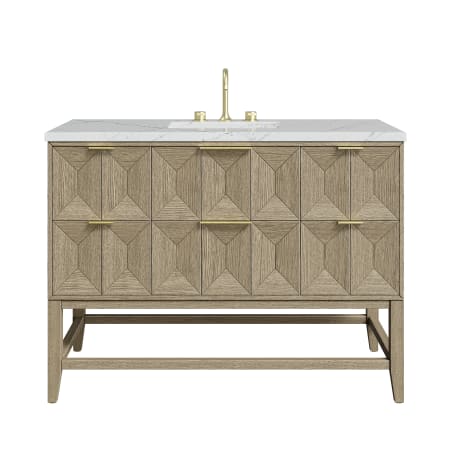 James Martin Vanities Emmeline 48" Single Basin Ash Wood Vanity Set with 3cm Ethereal Noctis Silestone Quartz Vanity Top, and Rectangular Sink - 8" Faucet Centers Pebble Oak
