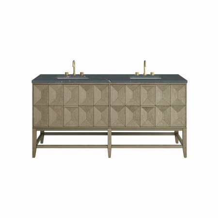 James Martin Vanities Emmeline 72" Double Basin Ash Wood Vanity Set with 3cm Parisien Bleu Silestone Quartz Vanity Top and Rectangular Sinks Pebble Oak