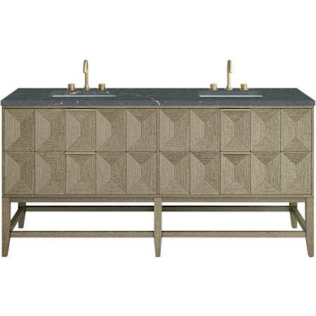 James Martin Vanities Emmeline 72" Free Standing Double Basin Ash Wood Vanity Set with Parisien Bleu Stone Composite Top and Rectangular Sinks Pebble Oak