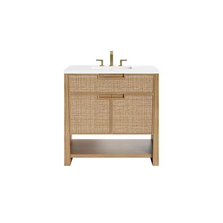 James Martin Vanities Solene 36" Free Standing Single Basin Poplar Wood Vanity Set with Quartz Top and Rectangular Sink Seaside Oak