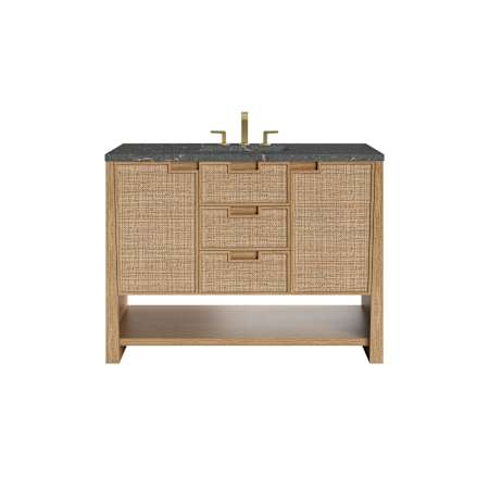 James Martin Vanities Solene 48" Free Standing Single Basin Poplar Wood Vanity Set with Quartz Top and Rectangular Sink Seaside Oak
