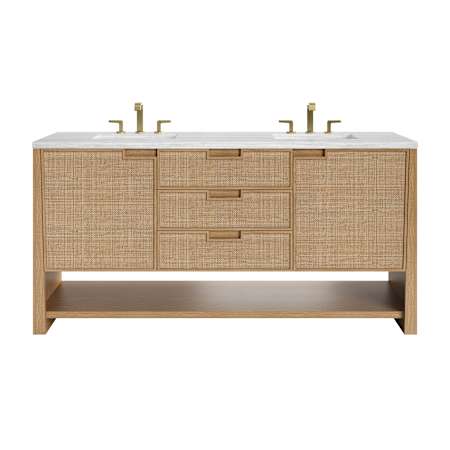 James Martin Vanities Solene 72" Free Standing Double Basin Poplar Wood Vanity Set with Solid Surface Top and Rectangular Sinks Seaside Oak