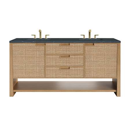 James Martin Vanities Solene 72" Free Standing Double Basin Poplar Wood Vanity Set with Quartz Top and Rectangular Sinks Seaside Oak